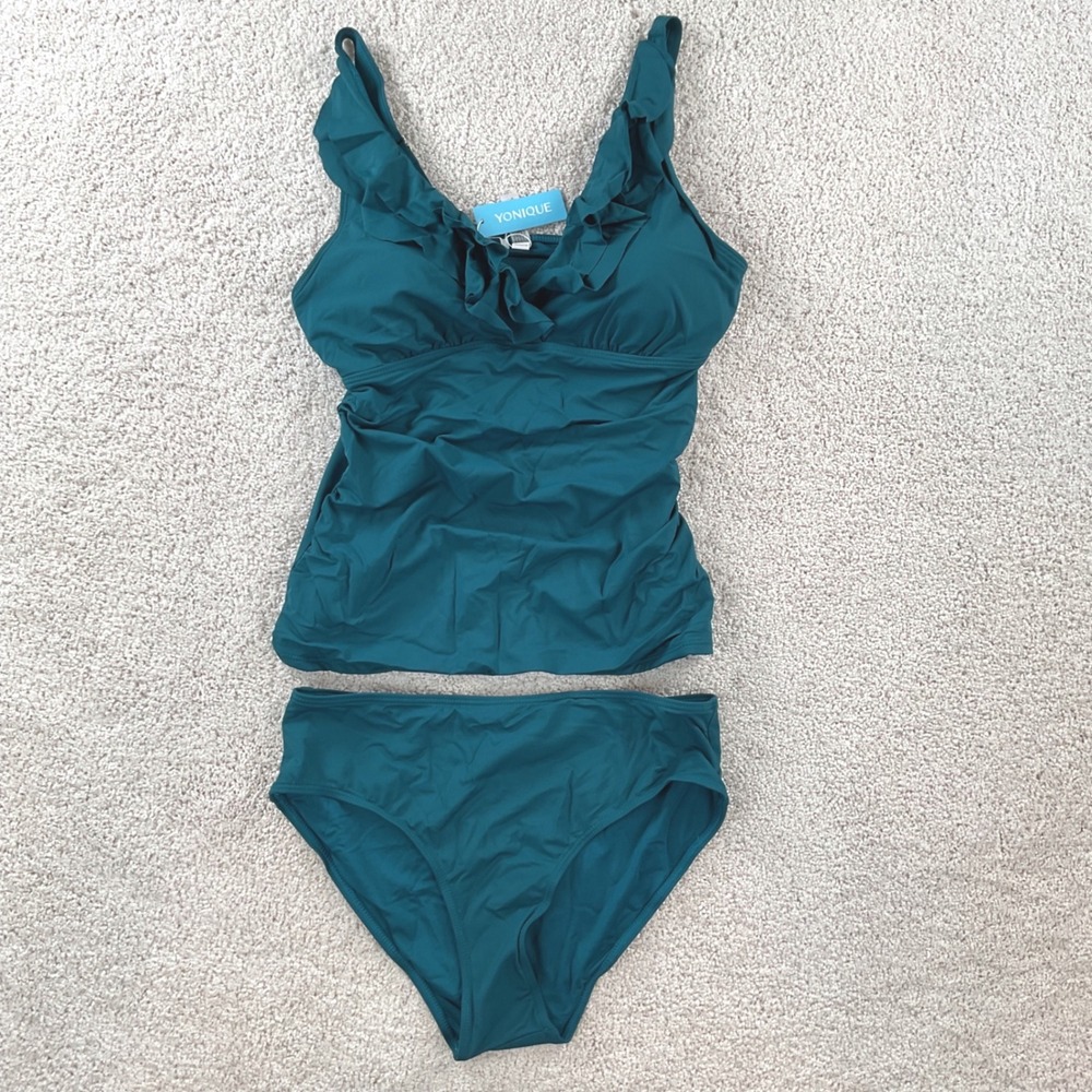 Yonique Womens‎ Malachite Green 2 piece Ruffle Tankini Swimsuit Set Size LG NWT
